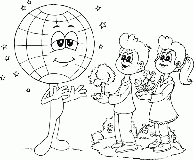 boy and girl give plants to earth Coloring Pages