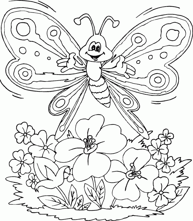 butterfly over flowers Coloring Pages
