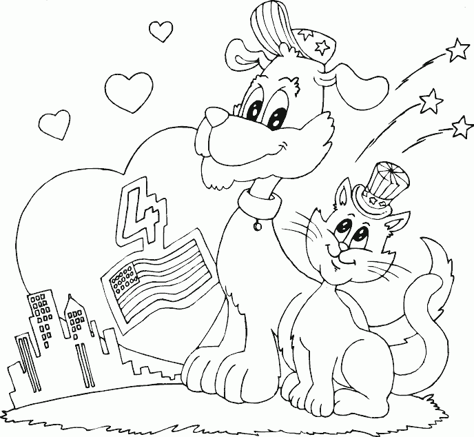 dog and cat fourth of july Coloring Pages