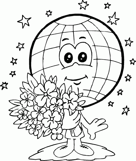 earth with bouquet of flowers Coloring Pages