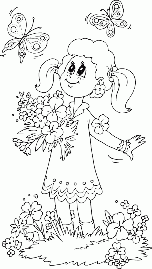 girl with flowers watching butterflies Coloring Pages