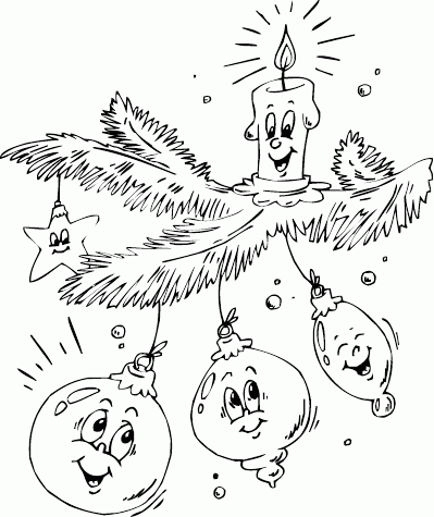 ornaments and candle on branch Coloring Pages