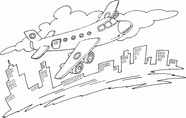 passenger airplane over city Coloring Pages