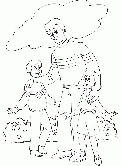 retro dad with his two kids Coloring Pages
