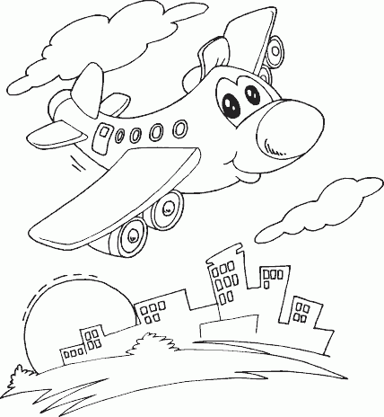 smiling plane over city Coloring Pages