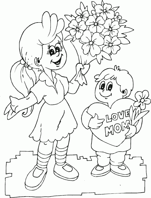 two kids love mom Coloring Pages