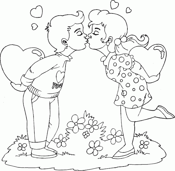 valentine boy and girl kissing Coloring Pages