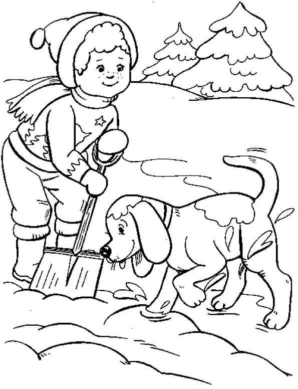 Dog with kid Winter Coloring Pages | coloring pages for kids |