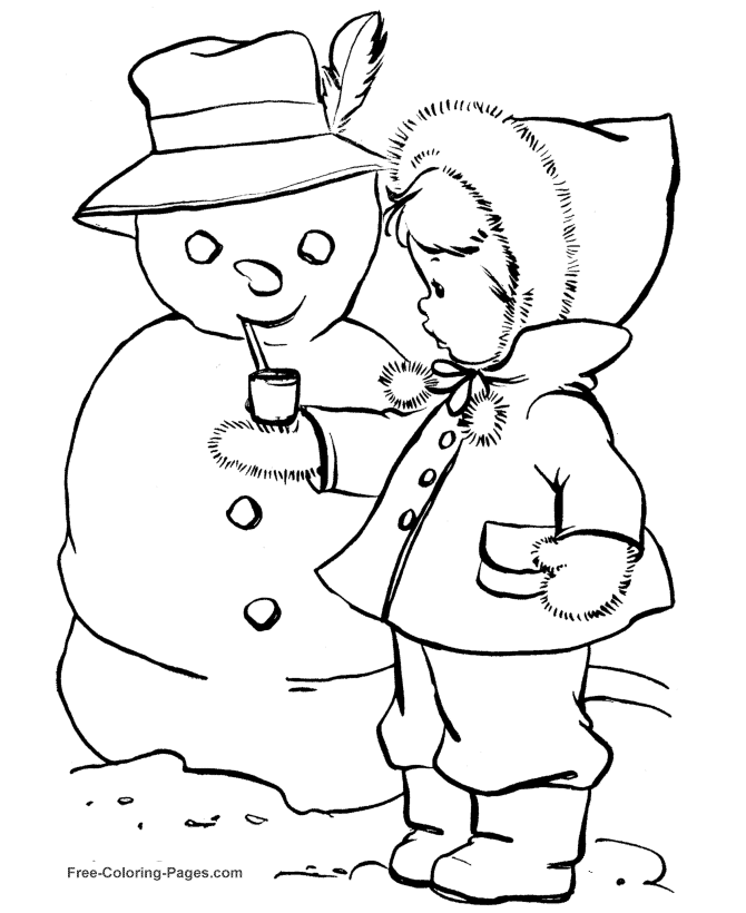 Girl with Snowman Winter Coloring Pages | coloring pages for kids |