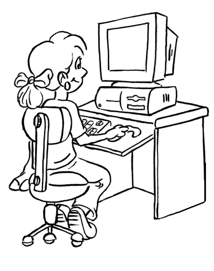 Girl Play Computer Coloring Pages for Kids | Print Coloring Pages